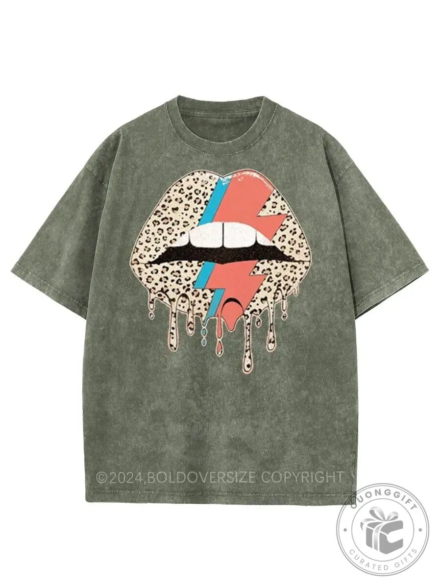 David Bowie Aladdin Sane Lightning Bolt Lips Leopard Print Washed T-Shirt
