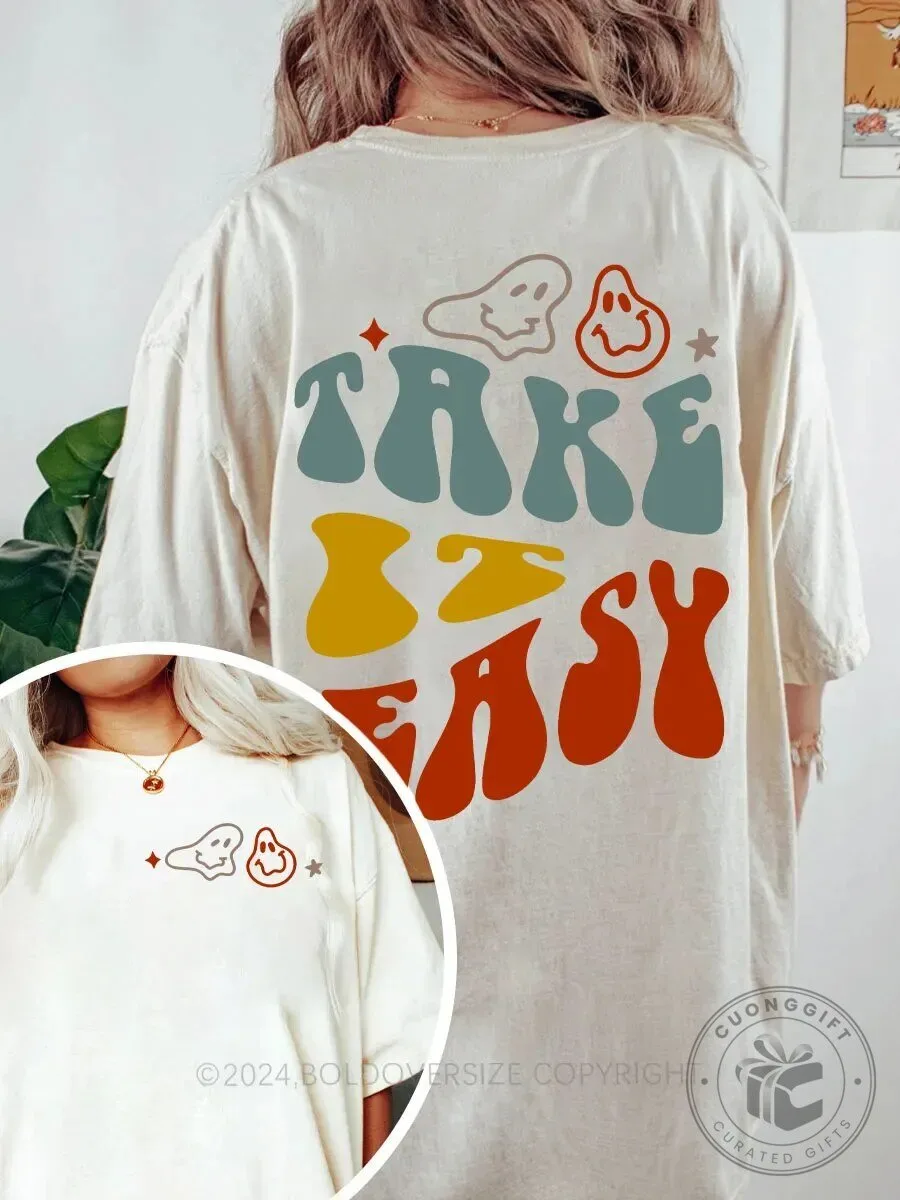 Take It Easy Retro Groovy Smiley Face Distressed T-Shirt